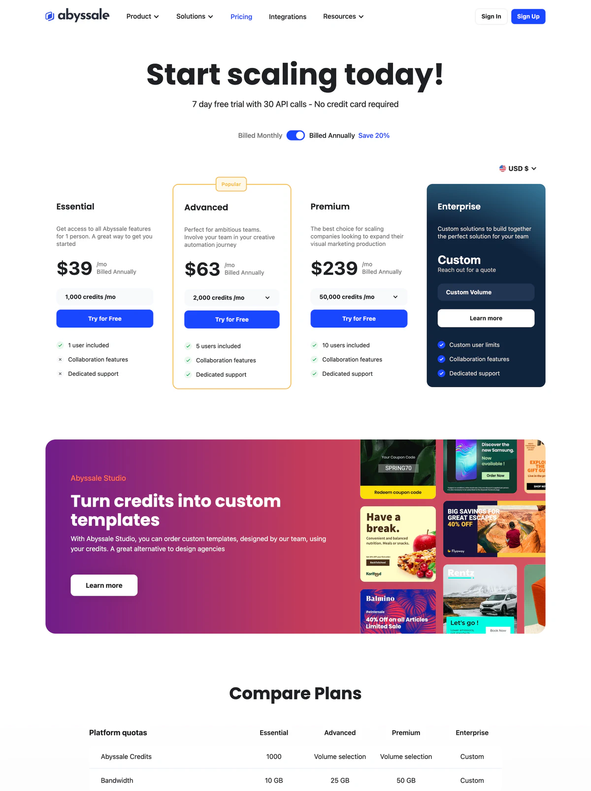 Pricing Page Example Abyssale