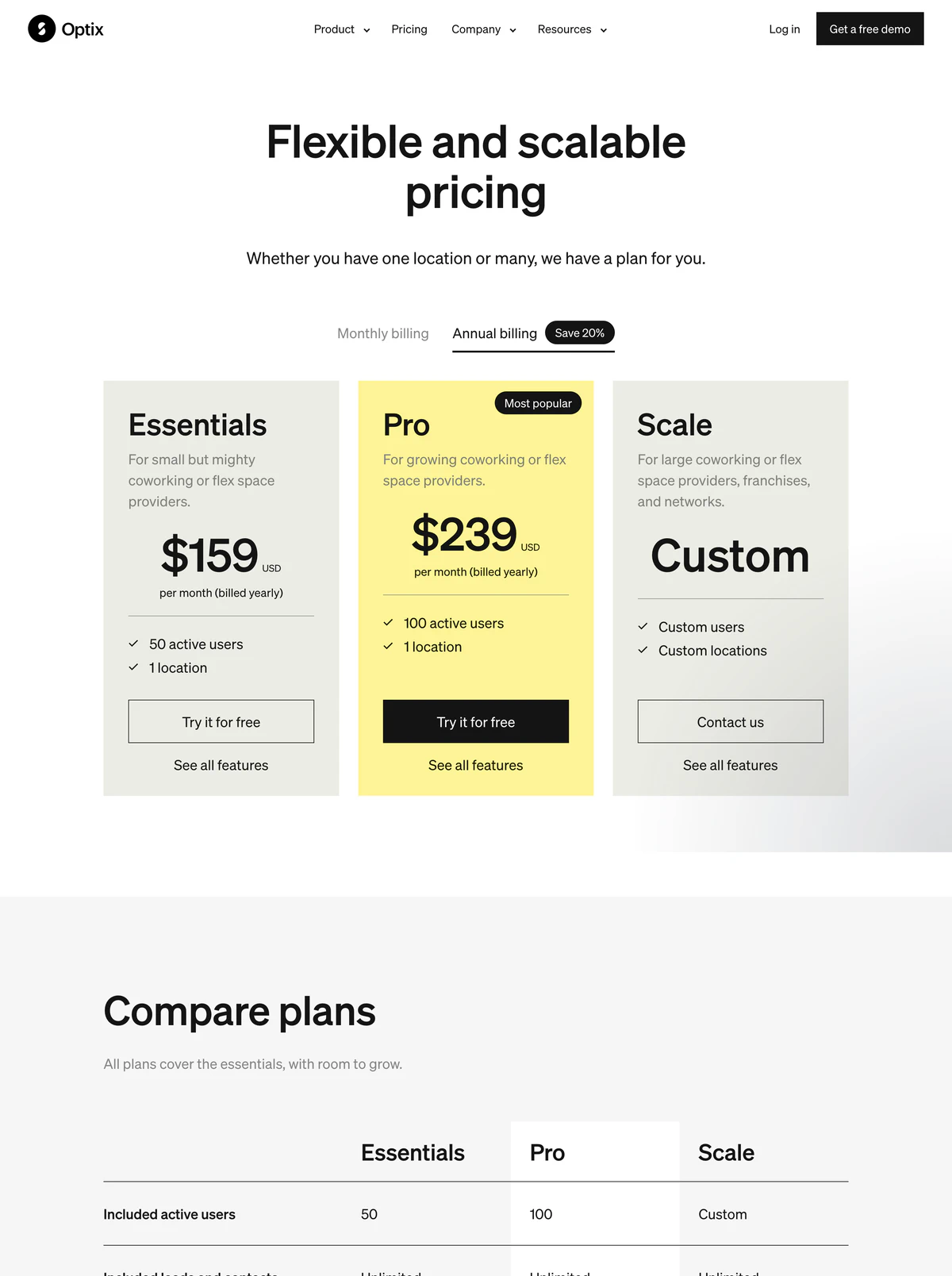 Pricing Page Example Optix